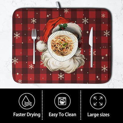 Santa Claus Christmas Dish Drying Mat Xmas Red and Black Buffalo Plaid Snowflake Drying Mats Winter Holiday Dishes Drying Pad Microfiber Absorbent Dish Drainer Rack Mat 18x24 Inch
