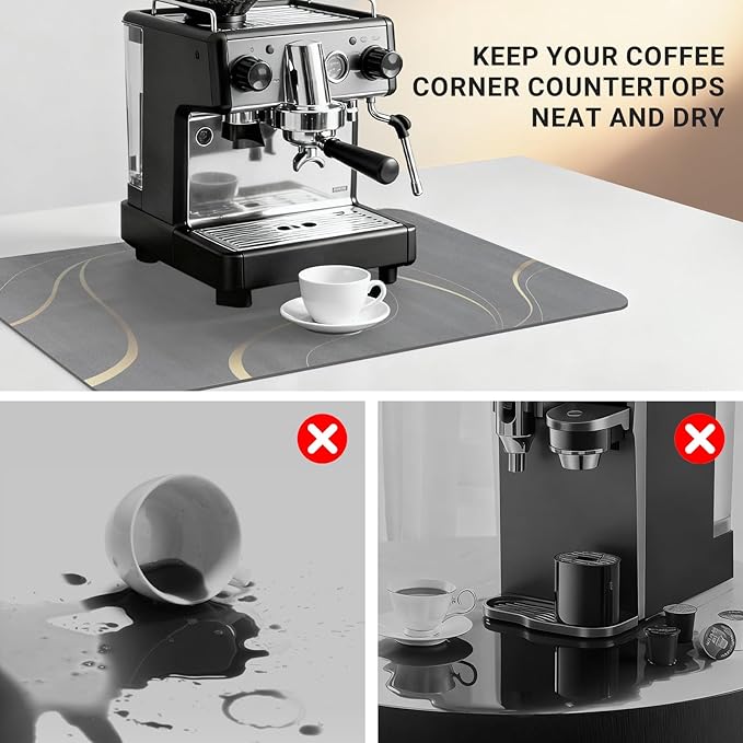 Coffee Mat 24x16 Inch, Light Gray Streamline Coffee Pot Mat, Absorbent Hide Stain Rubber Backed Dish Drying Mat for Kitchen Counter, Mat for Countertops, Under Coffee Maker Machine Bar Espresso Staion