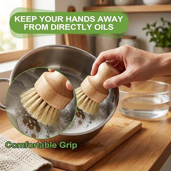 Bamboo Dish Scrub Brushes,Kitchen Wooden Cleaning Scrubbers Set with 100 Kitchen Sink Strainer Mesh Bags, 1 Kitchen Squeegee,4 Pack Round Mini Dish Brush with Ceramic Holder for Kitchen Sink Cleaning