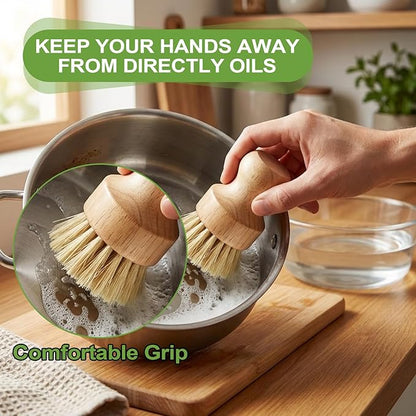 Bamboo Dish Scrub Brushes,Kitchen Wooden Cleaning Scrubbers Set with 100 Kitchen Sink Strainer Mesh Bags, 1 Kitchen Squeegee,4 Pack Round Mini Dish Brush with Ceramic Holder for Kitchen Sink Cleaning