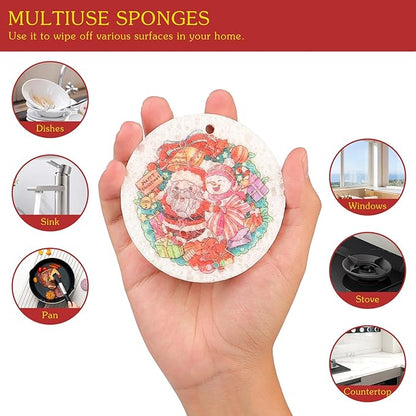 3 Pcs Biodegradable Wood Pulp Cellulose Compressed Cleaning Sponge Premium Kitchen Dishwashing Sponge Hanging Decorations for Christmas Tree Decorations, Kitchen, Bathroom and Surface Cleaning