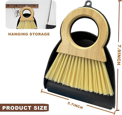 Mini Broom and Dustpan Set - Compact Bamboo Handle Cleaning Kit with Mini Dustpan Brush for Countertops, Tables, Desks - Small Dust Pan and Broom Combo for Tiny Spaces (Black)