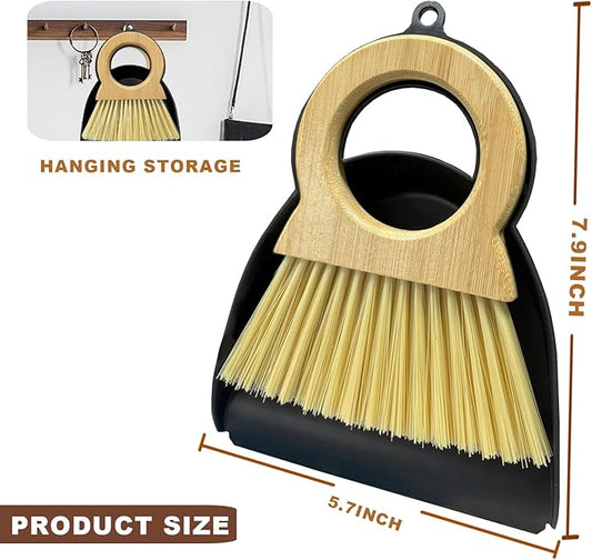 Mini Broom and Dustpan Set - Compact Bamboo Handle Cleaning Kit with Mini Dustpan Brush for Countertops, Tables, Desks - Small Dust Pan and Broom Combo for Tiny Spaces (Black)