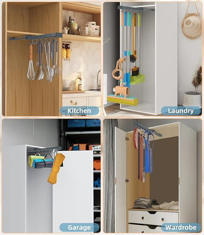 Pull Out Broom Holder, Multifunctional Slide Broom And Mop Storage/Organizer With Adjustable Double Row Sliding Hook, Garage Organization Hooks, for Closet Laundry - grey - 36cm/14.17inch