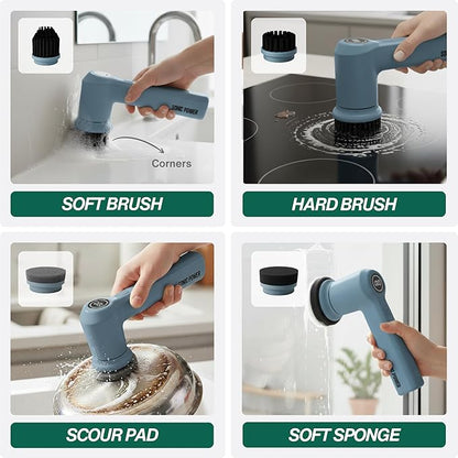 Electric Spin Scrubber – Handheld & Ergonomic, IPX7 Waterproof, 4 Multi-Purpose Brush Heads, Long-Lasting Rechargeable Battery – Cleans Dishes, Bathroom, Tile, Grout & Kitchen (Steel Blue)