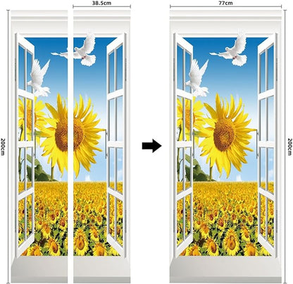 A.Monamour 3D Door Stickers for Interior Doors Sunflower Field and Pigeon View from The Open Window Vinyl Waterproof Self Adhesive Door Mural Decals for Bedroom Office Bathroom 77x200cm