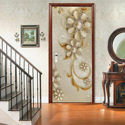 A.Monamour 3D Door Stickers for Interior Doors Luxury Flowers Golden Ornaments Vinyl Waterproof Self Adhesive Door Mural Decals for Bedroom Office Bathroom 85x215cm