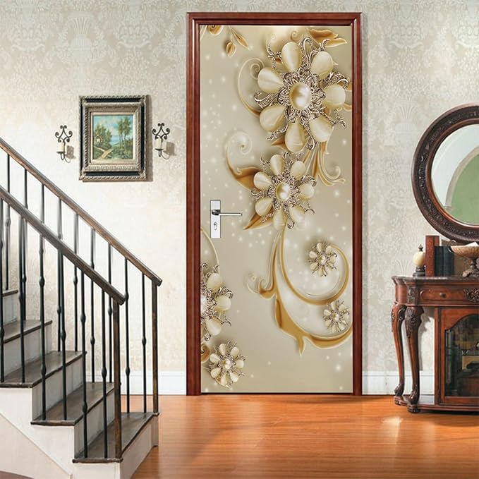 A.Monamour 3D Door Stickers for Interior Doors Luxury Flowers Golden Ornaments Vinyl Waterproof Self Adhesive Door Mural Decals for Bedroom Office Bathroom 90x200cm