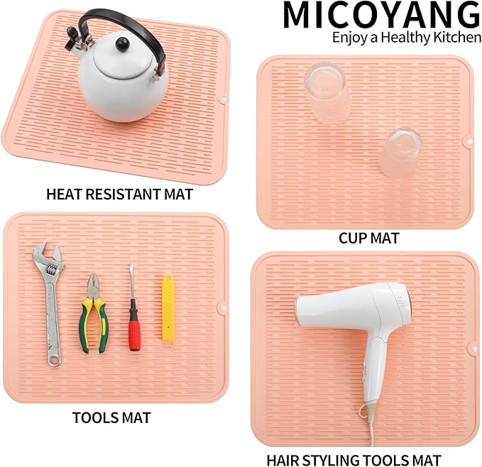 MicoYang Silicone Dish Drying Mat for Multiple Usage,Easy clean,Eco-friendly,Heat-resistant Silicone Mat for Kitchen Counter or Sink,Refrigerator or Drawer Liner Pink 2XL 24 inches x 18 inches