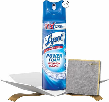 GROVE Power Foam Bathroom Cleaner Spray 24 oz Bundle with Microfiber Cloth - Powerful Foaming Bathroom Cleaner for Soap Scum and Limescale Removal - Leaves Surfaces Sparkling Clean - (4 Items)