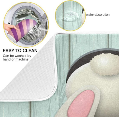 Happy Easter Eggs Bunny Tail Dish Drying Mat 16x18 for Kitchen Easter Day Rabbit Flowers Dishes Pad Dish Drainer Rack Mats Absorbent Fast Dry Kitchen Accessories