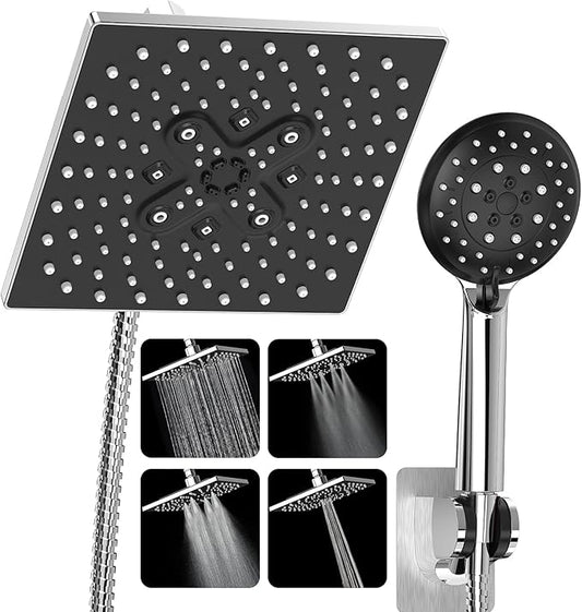 Veken High Pressure Rain Shower Head with Multi-Functions, Square Rainfall Shower Heads with 5-Mode Handheld Spray Combo, Detachable Hand Held Showerhead with Hose, Double Regaderas Para, Chrome
