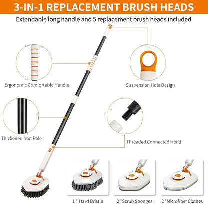 Bathroom Scrub Brush with Long Handle, 3-in-1 Tub and Tile Cleaner with 5 Replaceable Heads for Shower, Floor & Wall Cleaning