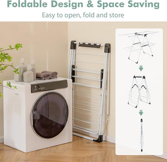 Giantex Clothes Drying Rack, 2-Layer Stainless Steel Foldable Laundry Drying Rack with 6-Level Adjustable Height, Useful Clips, Space Saving Freestanding Folding Collapsible Laundry Drying