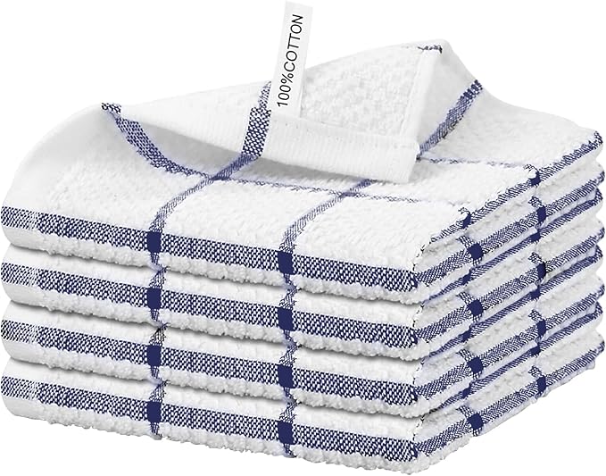 Nialnant 4PCS Cleaning Rags,100% Cotton Terry Dish Rags for Washing Dishes,Quick Drying Dish Cloths,Dish Towels for Kitchen,Navy Blue Plaid-12x12in