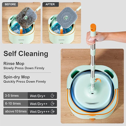 Mop and Bucket Set | Spin Mop with Dual-Tank Clean/Dirty Water Separation | 4 Microfiber Pads for Deep-Cleaning Floors | Versatile Mops Triangular Head for Walls
