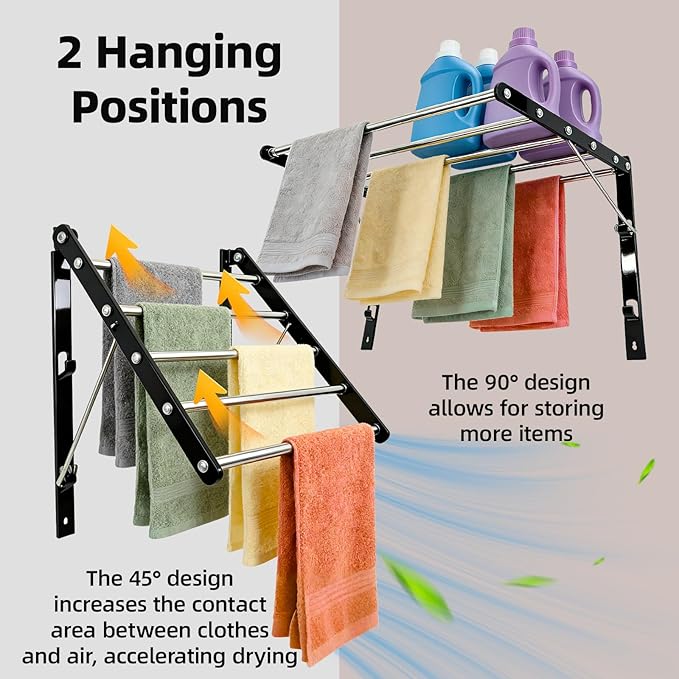 Wall Mounted Drying Rack for Laundry, 13”-23” Retractable Clothes Drying Rack, Drying Rack Clothing with 5 Smooth Round Stainless Steel Rods, Space Saving for Bathroom, Laundry Room, Apartments, Black