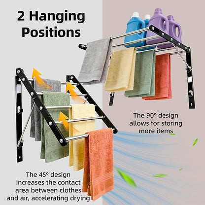 Wall Mounted Drying Rack for Laundry, 13”-23” Retractable Clothes Drying Rack, Drying Rack Clothing with 5 Smooth Round Stainless Steel Rods, Space Saving for Bathroom, Laundry Room, Apartments, Black