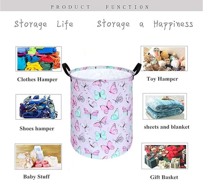 KUNRO Round Laundry Gift Basket Storage Hamper, Clothes Storage Organizer Bins, Shelf Basket with Handles for Room Decor (Purple Butterfly)