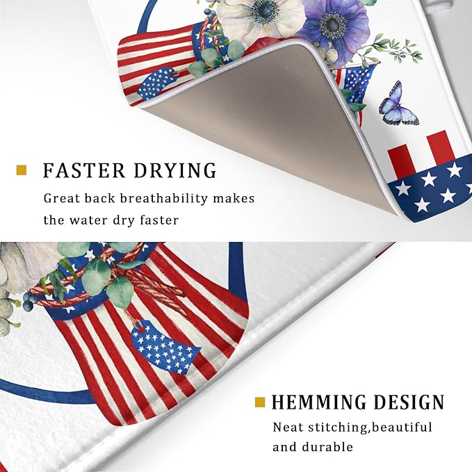 American Flag 4th of July Dish Drying Mats for Kitchen Counter Patriotic Flowers Dry Dishes Pads 16x18 Inch Microfiber Absorbent Independence Day Drainer Pad Tableware Mats Protector for Countertops