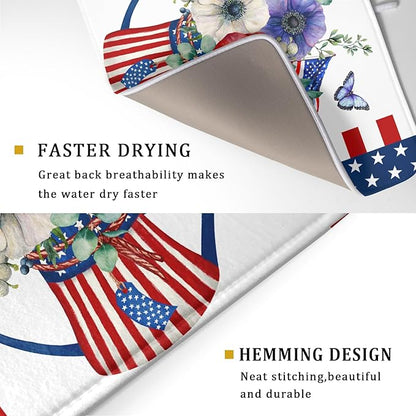 Patriotic American Flag Dish Drying Mat 18x24 Inch Spring Summer Flower 4th of July Memorial Kitchen Mats Vintage Absorbent Dishes Pad for Kitchen Counter Memorial Home Decorations for Countertops