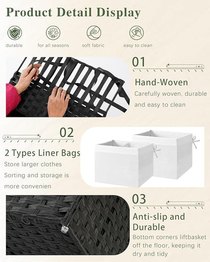 Storage Basket with Lid Rattan Storage Basket with 2 Separate Lid, 27.8 Gallon (105 L) 25.2 * 15.4 * 16.1 Inches Woven Wicker Baskets with 2 Liners and Handles for Bedroom Laundry Black