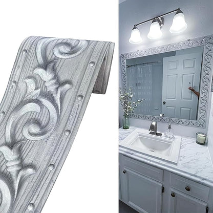 PVC Self Adhesive Silver 3D Flowers Waterproof Wall Border Decor Removable Kitchen Bathroom Tiles Stciker 4 x196.8 inch