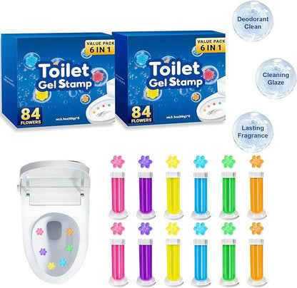 6 in 1 Toilet Gel Stamp, 168 Stamps (2 Boxes x 84 Flowers) - Automatic Toilet Cleaner & Freshener, No Scrub, 6 Scents, Long-Lasting, Easy Push Gel for Bathroom