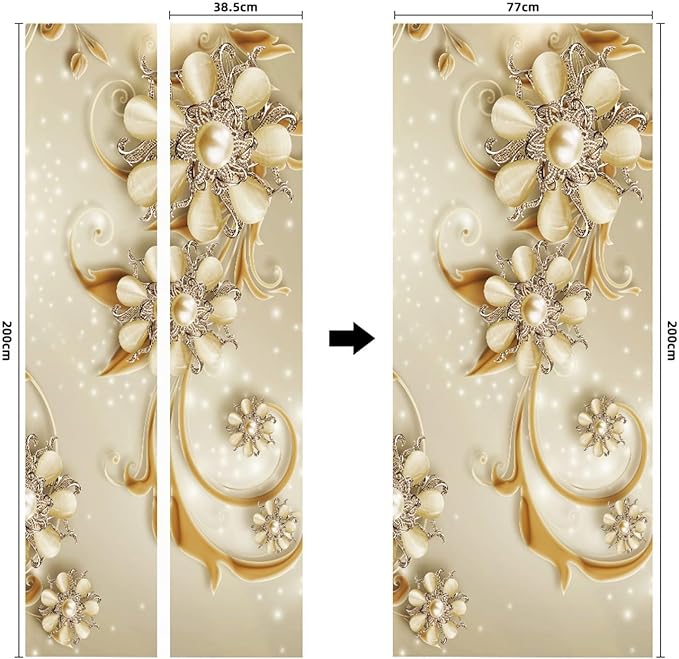 A.Monamour 3D Door Stickers for Interior Doors Luxury Flowers Golden Ornaments Vinyl Waterproof Self Adhesive Door Mural Decals for Bedroom Office Bathroom 77x200cm