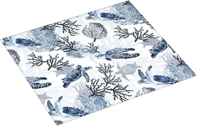 Nautical Blue White Sea Turtle & Coral Dish Drying Mats for Kitchen Counter 16 x 18 Inch, Decorative Navy Blue Dishes Pad Dish Drainer Rack Mats, Foldable Microfiber Washable Absorbent, Kitchen Decor