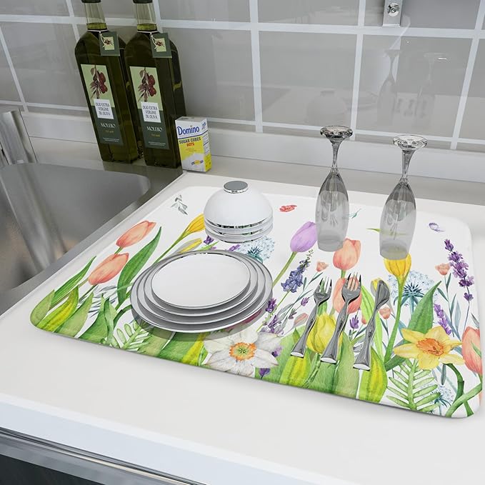 Aportt Spring Floral Dish Drying Mat With Absorbent Reversible Microfiber Watercolor Tulip Lavender Flower Drying Mats 18 x 24 Inch Dish Drainer Mat Fast Dry For Kitchen Dining Room