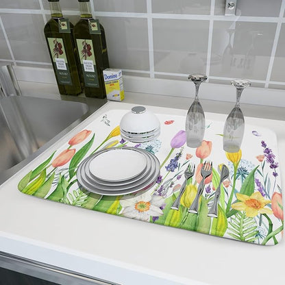 Aportt Spring Floral Dish Drying Mat With Absorbent Reversible Microfiber Watercolor Tulip Lavender Flower Drying Mats 18 x 24 Inch Dish Drainer Mat Fast Dry For Kitchen Dining Room