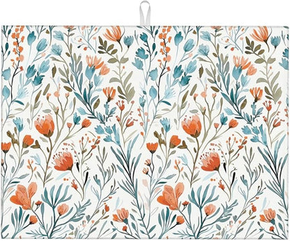 Burnt Orange Teal Floral Dish Drying Mats for Kitchen Counter & Sink, 18" x 24" Absorbent Microfiber Cute Drying Pad for Dishes, Washable Foldable Teal and Orange Dishes Drainer Mats, Boho Home Decor