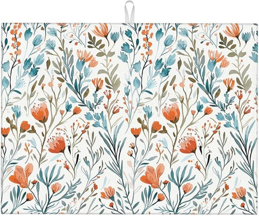 Burnt Orange Teal Floral Dish Drying Mats for Kitchen Counter & Sink, 18" x 24" Absorbent Microfiber Cute Drying Pad for Dishes, Washable Foldable Teal and Orange Dishes Drainer Mats, Boho Home Decor