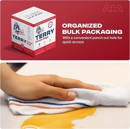 Angel-in-Armor White Striped Terry Cloth Rags (16" x 19") – 8x4lb Bulk Box of Cotton Cleaning Towels – Reusable Terry, Bar, Kitchen, Cleaning, Shop Rags – Low-Lint & Washable