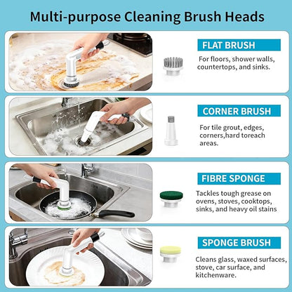 Electric Dish Scrubber, Mini Cordless Kitchen Cleaning Brush with 4 Replaceable Heads, 20W High-Torque Dual Speed, IPX7 Waterproof LED Display 90-120 Mins Runtime (ECB-S3)