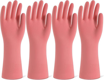 Rubber Cleaning Gloves for Dishwashing, 4 Pairs Reusable Kitchen Gloves for Washing Dishes and Household Cleaning, Pink Dish Gloves with Flocked Lining and Non-Slip Grip, Pefect for Woman Men - M