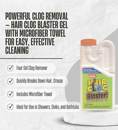 4x Whink Hair Clog Remover 32 oz Bundle with Microfiber Cloth – Hair Clogged Drain Remover – Shower Drain Cleaner for Bathroom and Septic Systems – Gift Set (5 Items)