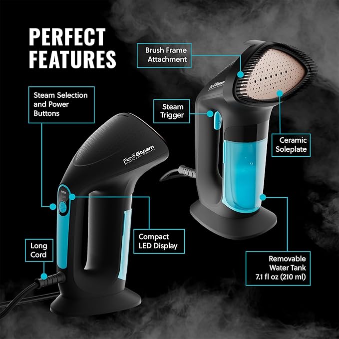PurSteam SteamPulse Pro Handheld Steamer for Clothes, Portable Handheld Fabric and Garment Travel Steamer Iron Press Wrinkle Remover with Fabric Brush (Pack of 3)