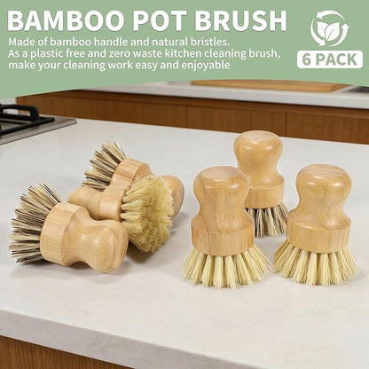 6 Pack Bamboo Dish Brush Set with Palm and Sisal Bristles, Natural Dish Scrubber for Fruit & Vegetables Cleaning, Kitchen Scrub Brush for Cast Iron Pots, Pans, Dishes