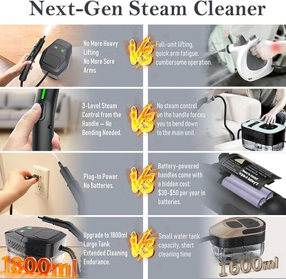 Steam Cleaner, 3-Level Adjustable Handle, 15s Heat-Up, Steamer for Cleaning With 1.8L Large Tank, Dry Burn Protection, Handheld Steam Cleaner for Home, Bathrooms, Tile,Grout,Car with 12pcs Accessories