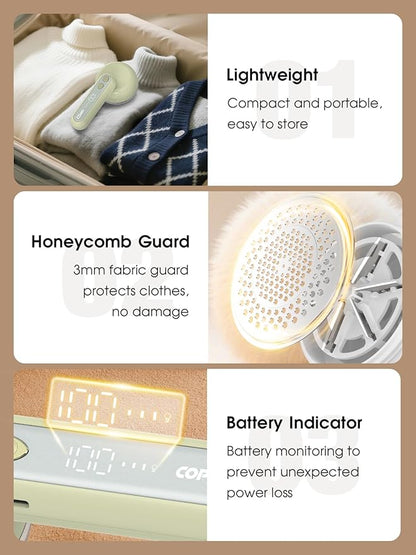 COPPA Lint Remover, LR-01 Remove Fuzz Lint USB-C Rechargeable 6 Blades & 3 Speed Mode Shut-Off Protection Portable Fuzz Remover with Battery Display for Clothing Furniture Curtain
