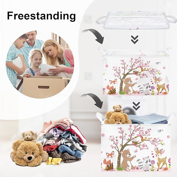 Forest Animals Laundry Hamper Woodland Tree Large Storage Basket Parents Organizer Kids Clothes Toy Bins for Bedroom, Bathroom, Pink, 36L