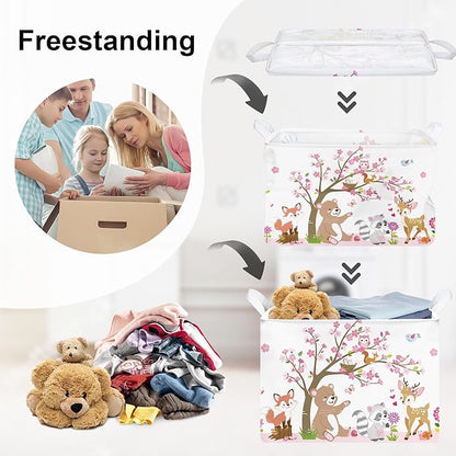 Forest Animals Laundry Hamper Woodland Tree Large Storage Basket Parents Organizer Kids Clothes Toy Bins for Bedroom, Bathroom, Pink, 36L