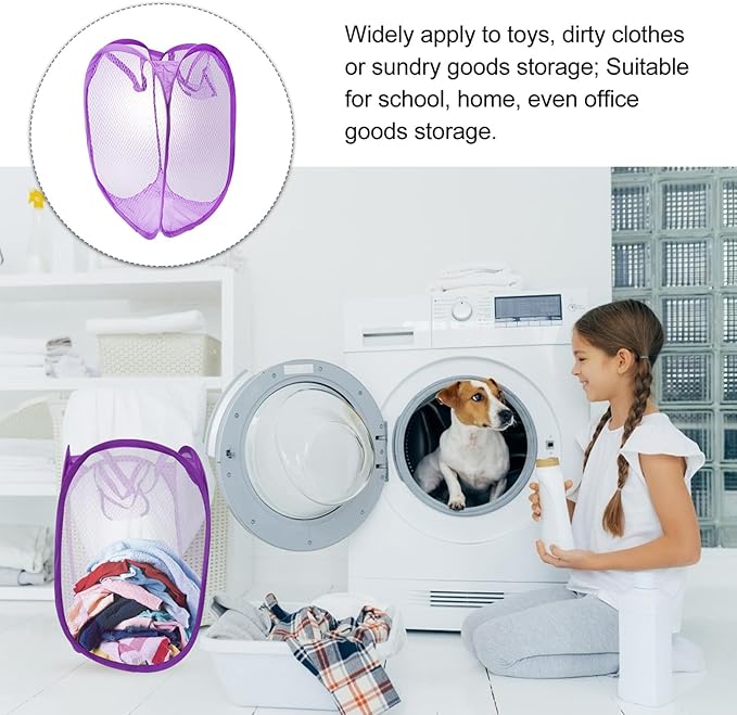 Foldable Pop-up Mesh Laundry Hamper with Handles Purple Breathable Clothes Basket for College Dorm Small Apartment Camping Storage Organizer