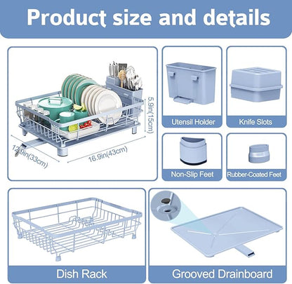 Dish Drying Rack - Space Saving Dish Rack - Dish Racks for Kitchen Counter with Drainboard,Rustproof Dish Drainer with Removable Utensil Holder,Blue
