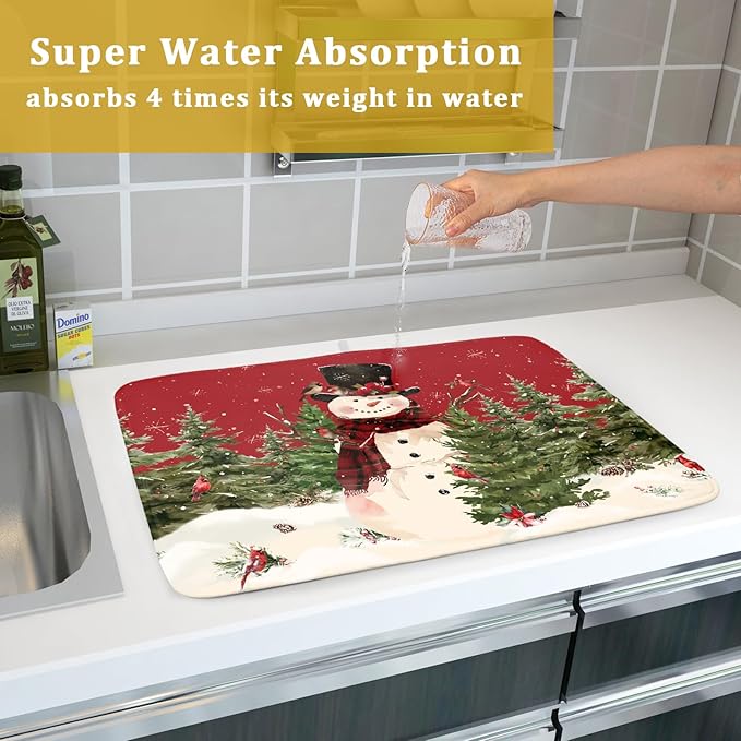 Christmas Snowman Dish Drying Mat for Kitchen Counter 18x24 Inch Watercolor Xmas Tree Bird Print Absorbent Reversible Microfiber Drying Mats Kitchen Countertop Protector Dishes Drainer Rack Pad