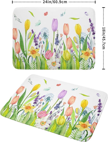Aportt Spring Floral Dish Drying Mat With Absorbent Reversible Microfiber Watercolor Tulip Lavender Flower Drying Mats 18 x 24 Inch Dish Drainer Mat Fast Dry For Kitchen Dining Room