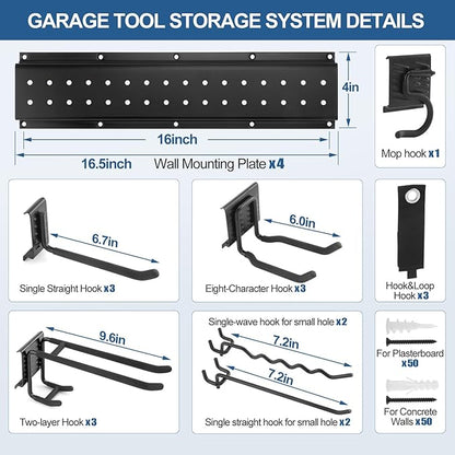 66'' Garage Tool Organizer Wall Mount 21PCS, 750lbs Heavy Duty Garden Tool Organizer with 17 Adjustable Hooks, Yard Tool Hanger for Shovel Rake Broom Ladder, Garage Wall Organization, Men's Gift