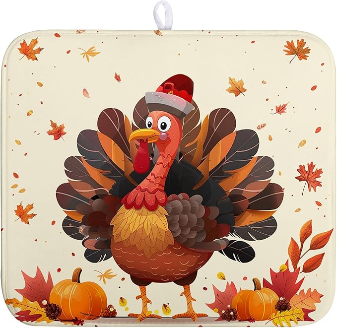 Thankgiving Dish Drying Mat for Kitchen Counter 16x18 Inch Fall Orange Turkey Maple Leaf Pumpkin Absorbent Microfiber Dish Rack Mat Autumn Thankgiving Dish Drying Pad for Coffee Bar Sink